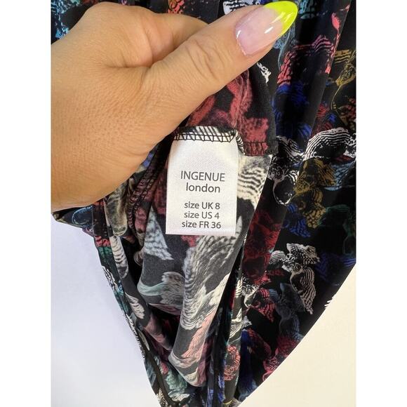Ingenue London Dress Stretchy Long Sleeve Ruched Detail Black Owl Print Sz 4 - Picture 9 of 15